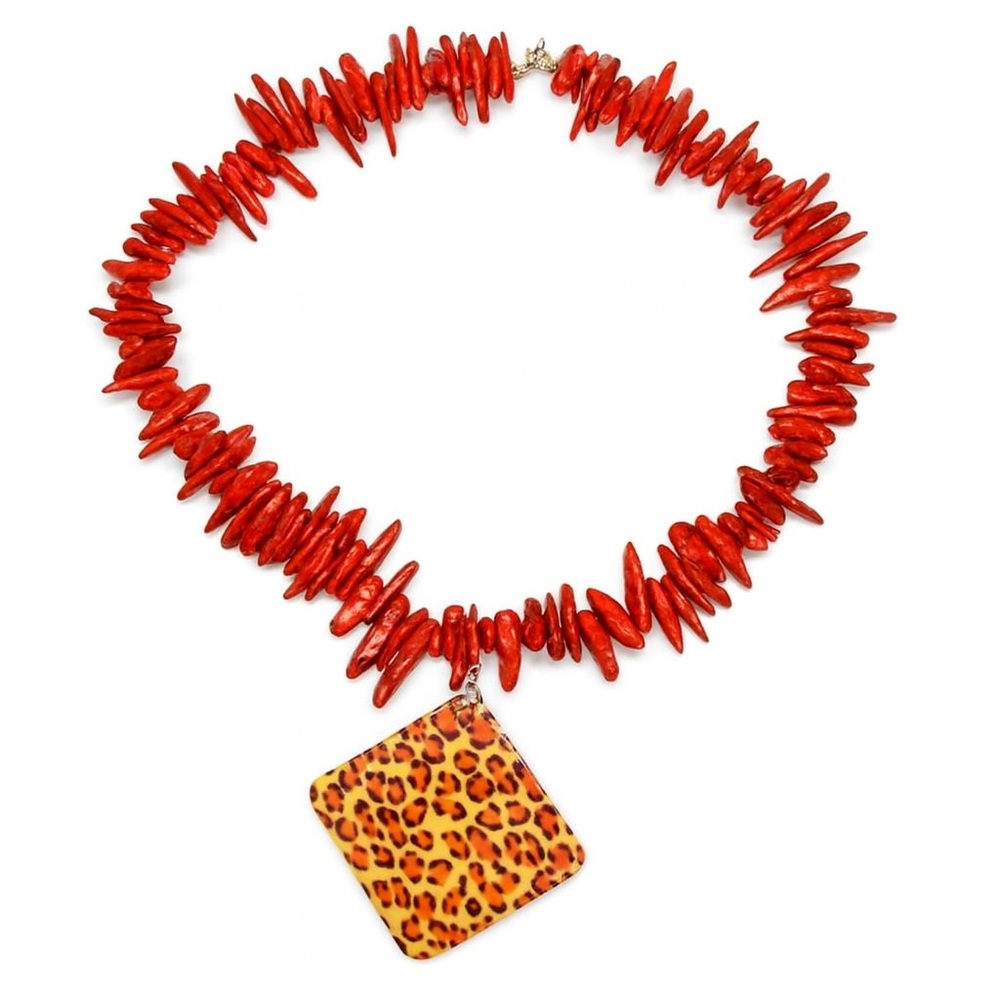 Red Coral Necklace with Leopard Pendant